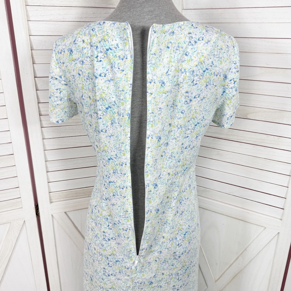 Vntg Villager Liz Claiborne Ditsy Floral Cinch Neck Linen Maxi Dress Blue Medium - Picture 7 of 12